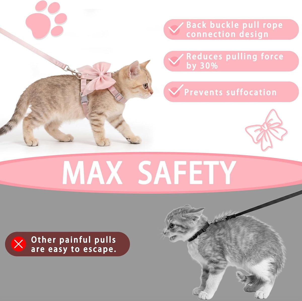 Pink Bow Cat Harness and Leash Set, Escape Proof, S