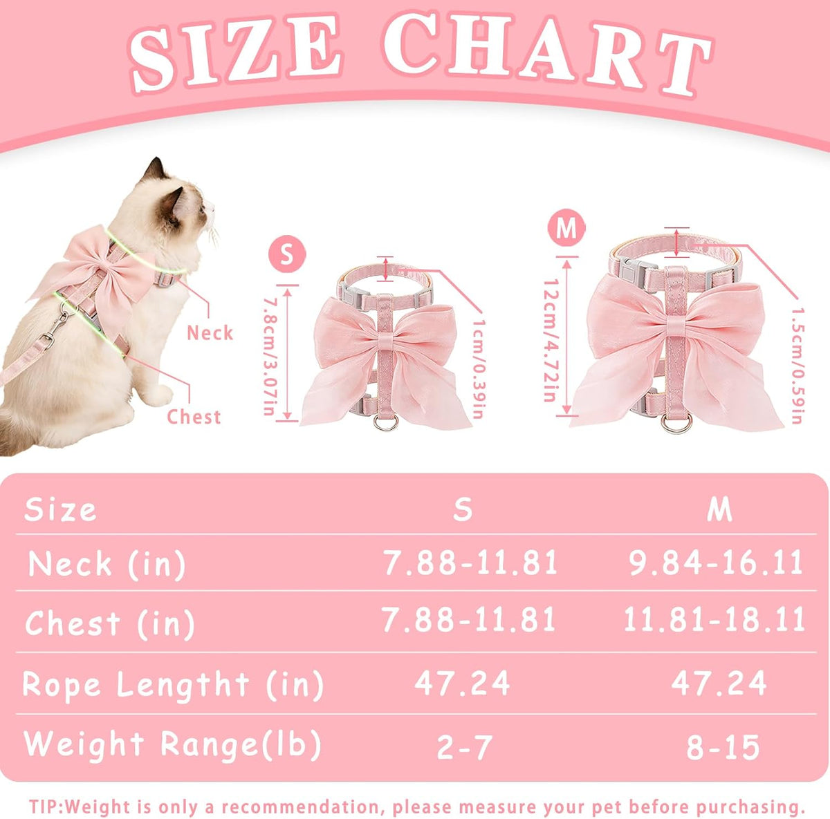 Pink Bow Cat Harness and Leash Set, Escape Proof, S