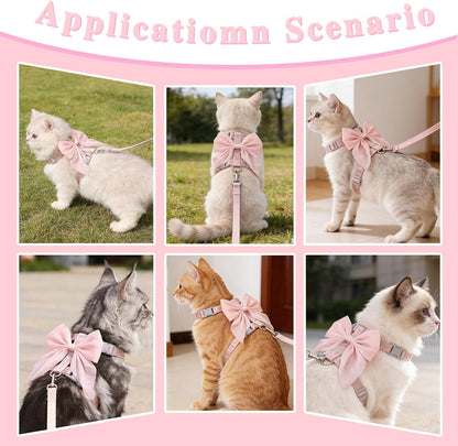 Pink Bow Cat Harness and Leash Set, Escape Proof, S
