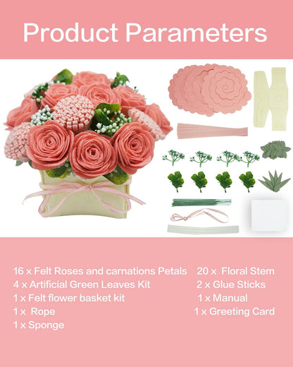 BAZIMA DIY Felt Flower Art Craft Kit, Pink Rose and Carnation Pot Bonsai Kit, Floral Gifts, Beginner Craft Kit, Arrange Pre-Cut Flowers and Foliage