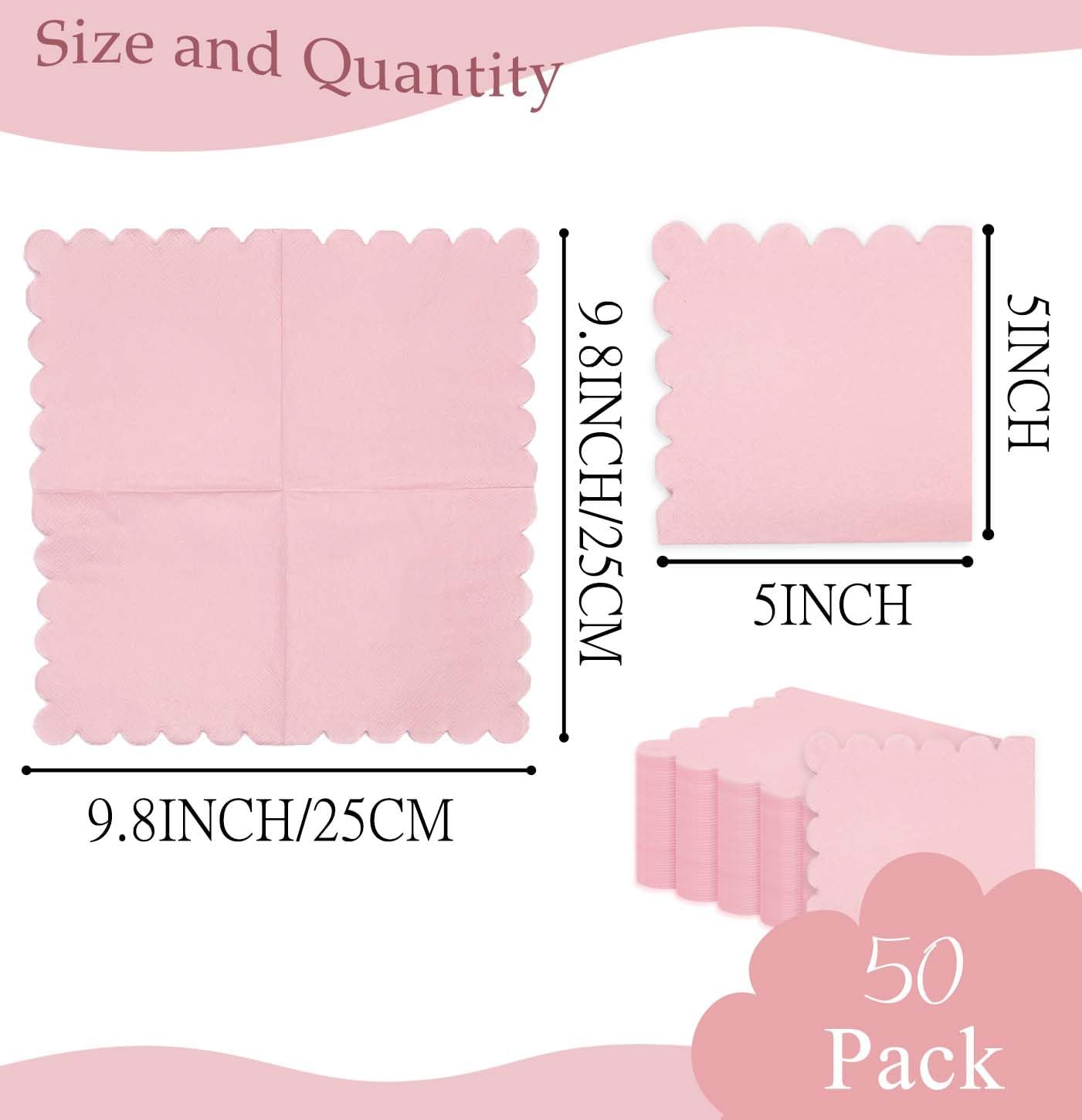 HEIPINIUYE 50 Pieces 3-ply Light Pink Napkin Disposable Scalloped Cocktail Napkins Beverage Napkins Dessert Napkins Paper Napkins for Wedding Birthday Party Paper Dinner Napkins