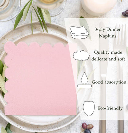 HEIPINIUYE 50 Pieces 3-ply Light Pink Napkin Disposable Scalloped Cocktail Napkins Beverage Napkins Dessert Napkins Paper Napkins for Wedding Birthday Party Paper Dinner Napkins