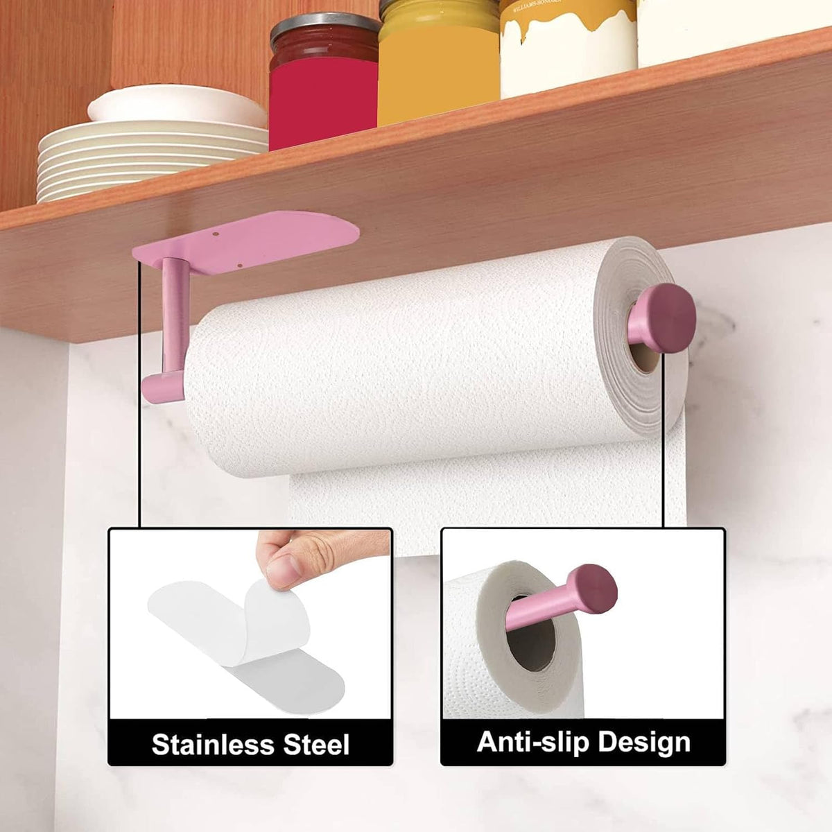Pink Paper Towel Holder Self Adhesive or Drilling for Kitchen
