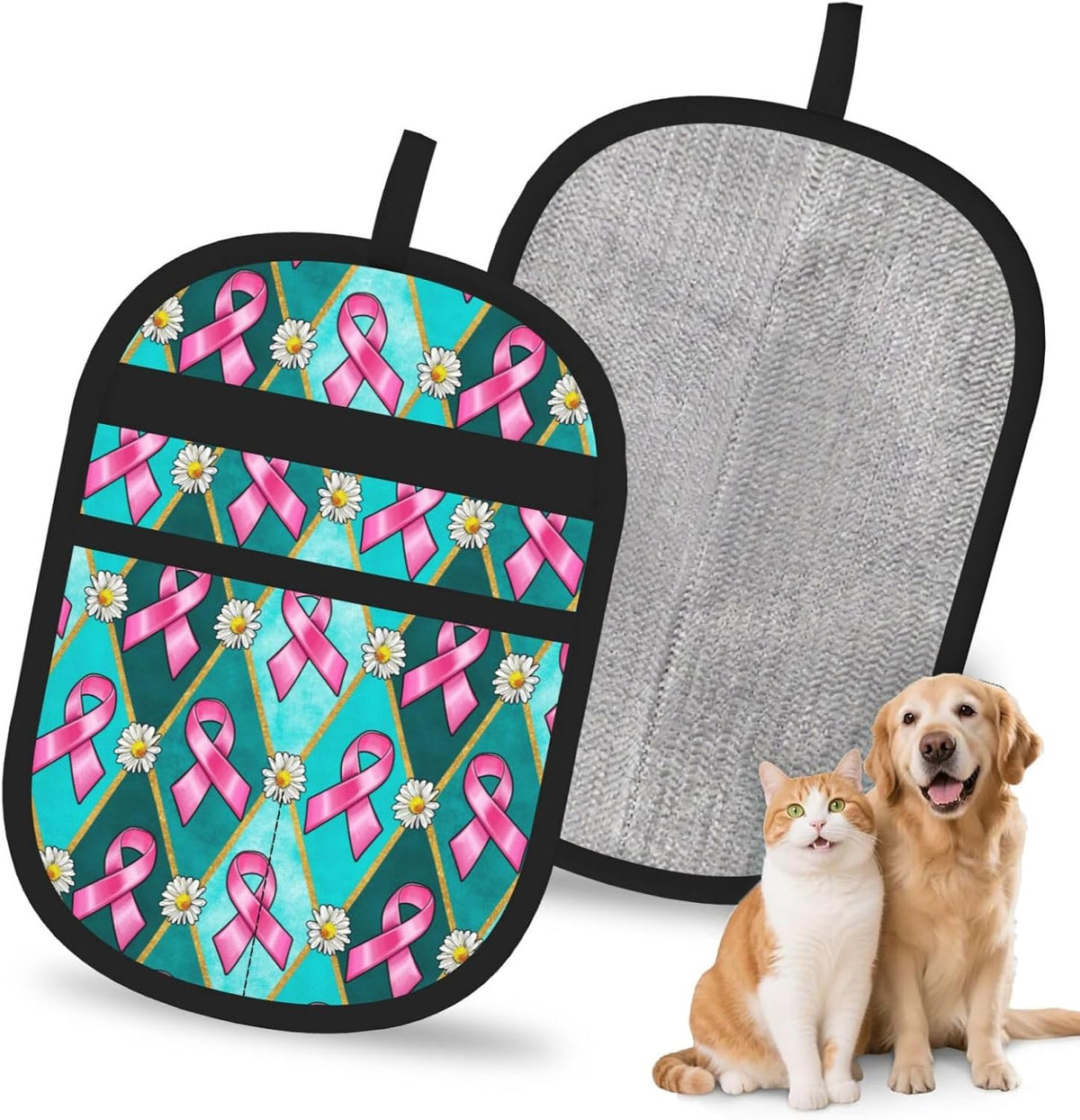 Breast Cancer Awareness Pink Ribbon Floral Pet Hair Removal Glove Dogs Hair Remover Glove Cats Fur Removal Tool with Hanging Loop for Couch 6.7X9.5 in