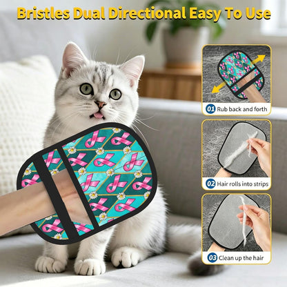 Breast Cancer Awareness Pink Ribbon Floral Pet Hair Removal Glove Dogs Hair Remover Glove Cats Fur Removal Tool with Hanging Loop for Couch 6.7X9.5 in