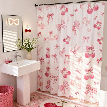 Pink Bow Shower Curtain Cute Bowknot Cherry Coquette Preppy Aesthetic Princess Modern Romantic Minimalist Bathroom Decorative Curtain with Polyester Fabric