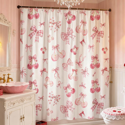 Pink Bow Shower Curtain Cute Bowknot Cherry Coquette Preppy Aesthetic Princess Modern Romantic Minimalist Bathroom Decorative Curtain with Polyester Fabric