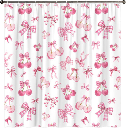 Pink Bow Shower Curtain Cute Bowknot Cherry Coquette Preppy Aesthetic Princess Modern Romantic Minimalist Bathroom Decorative Curtain with Polyester Fabric