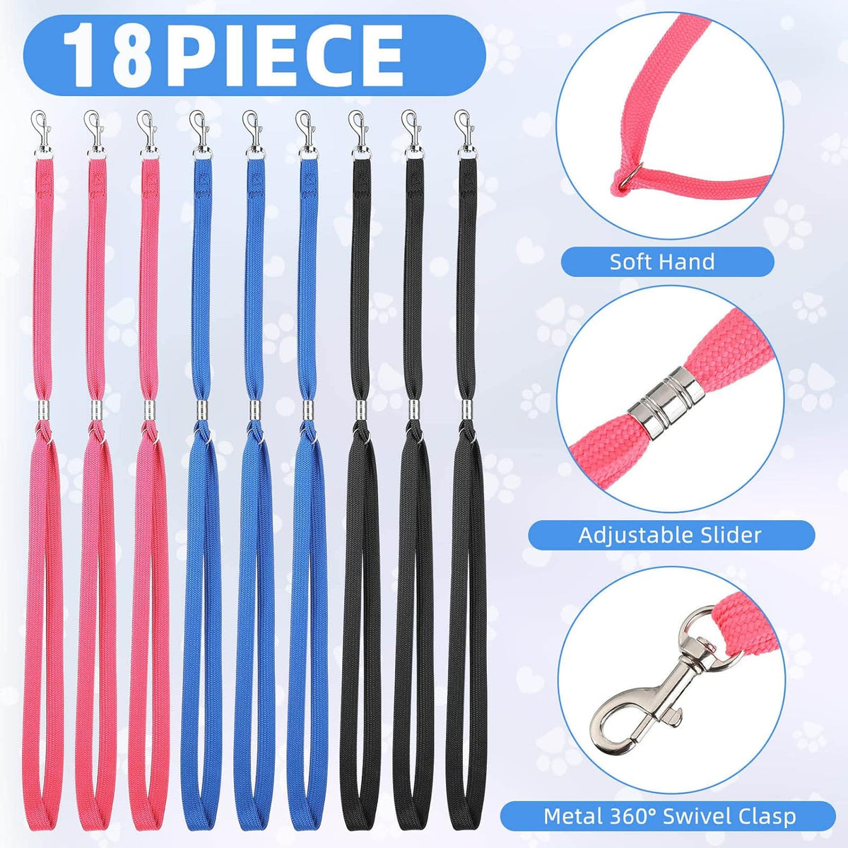 18 Pcs Pet Dog Grooming Loops Nylon Restraint Noose Adjustable Straps Fixed Dog Cat Safety Rope Supplies for Pet Grooming Table Bathtub, Blue, Black and Pink, 21 Inch