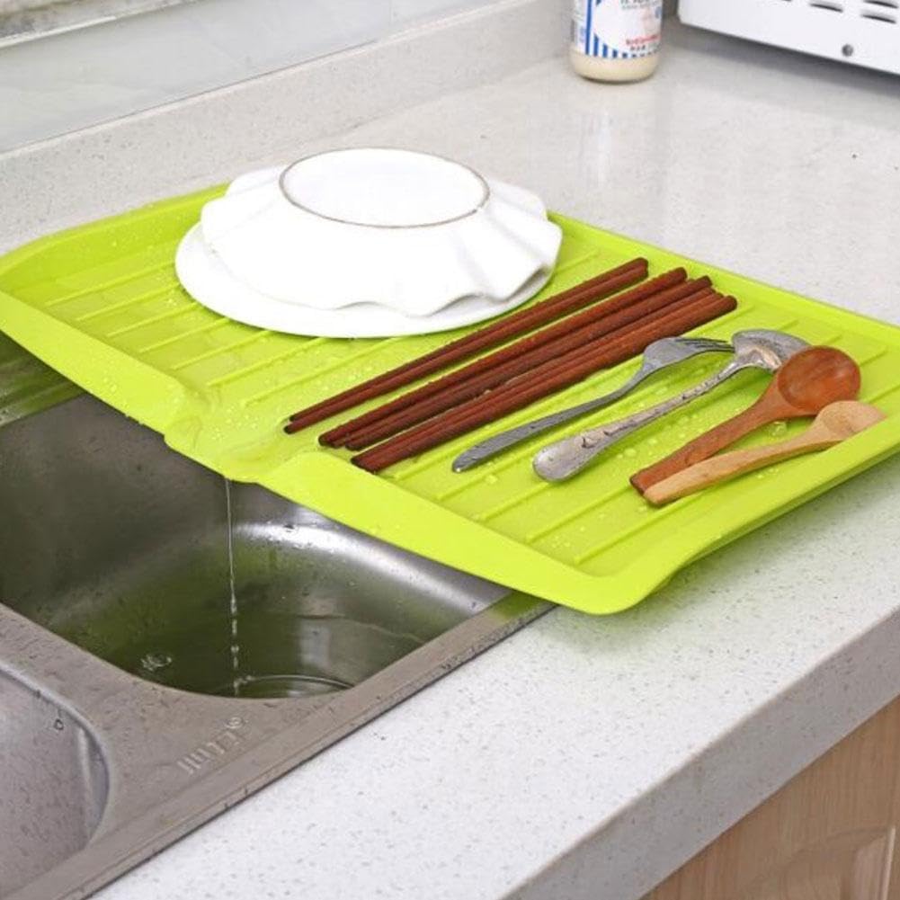 Dish Drain Board, Plastic Draining Tray – 17'' X 12" Dish Drying Mat with Sloped Sides & Removable Filter, Non-Slip Base for Sink (Pink)