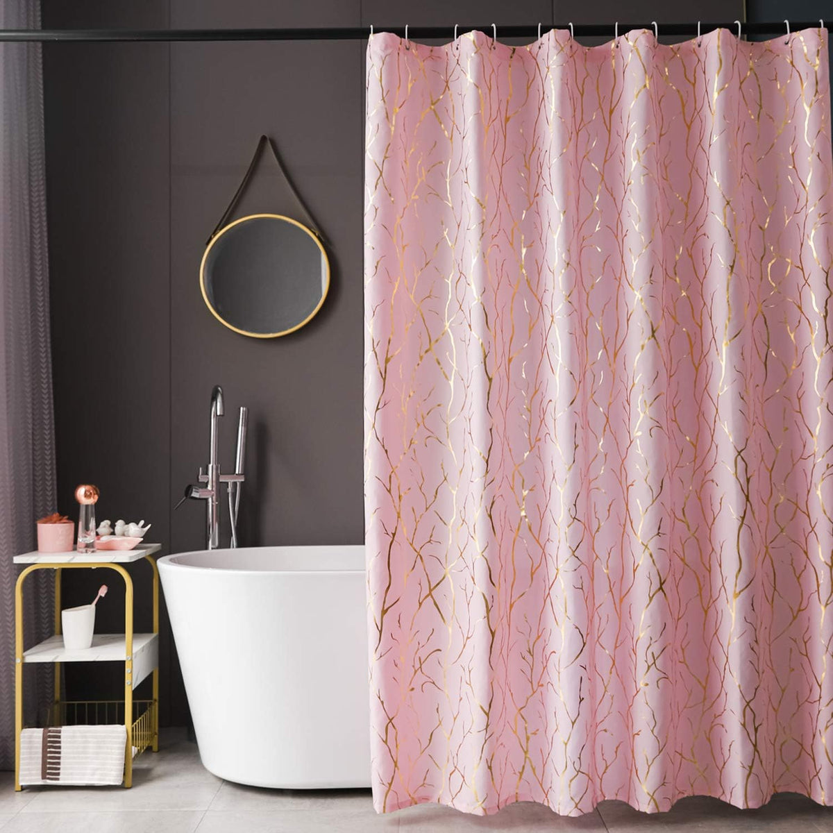 Pink Shower Curtain with Gold Foil Branch 72 x 72 Inch, 1 Panel