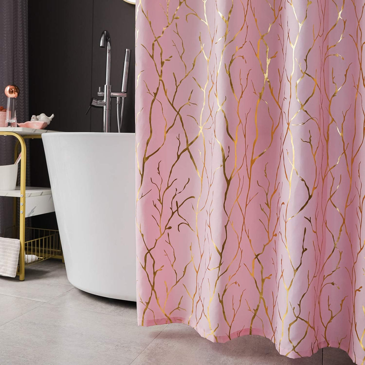Pink Shower Curtain with Gold Foil Branch 72 x 72 Inch, 1 Panel