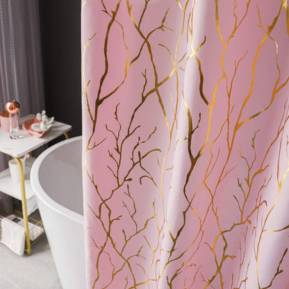 Pink Shower Curtain with Gold Foil Branch 72 x 72 Inch, 1 Panel