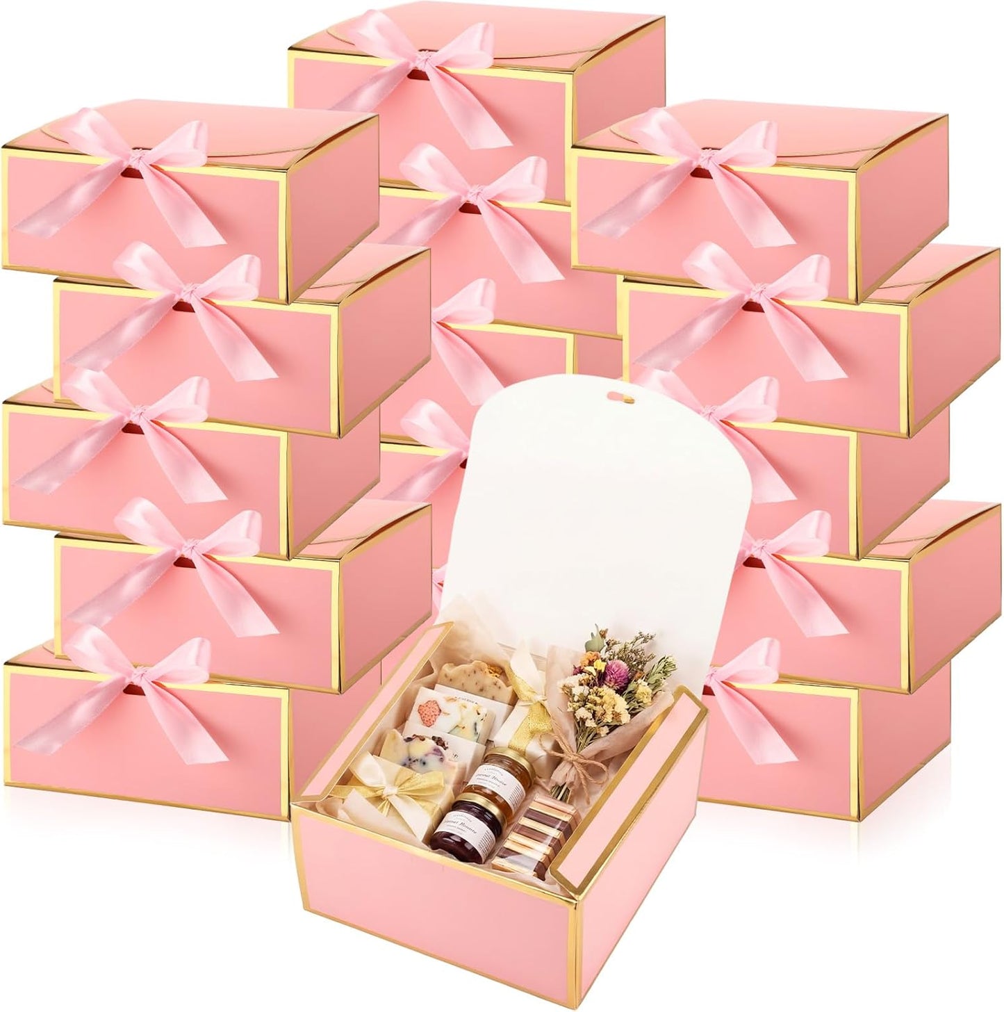16 Pack Pink Gift Boxes with Lids, 7x7x3 Inch Bridesmaid Proposal Box with Ribbons for Present Wedding, Birthday, Anniversary, Baby Shower, Bridal Shower