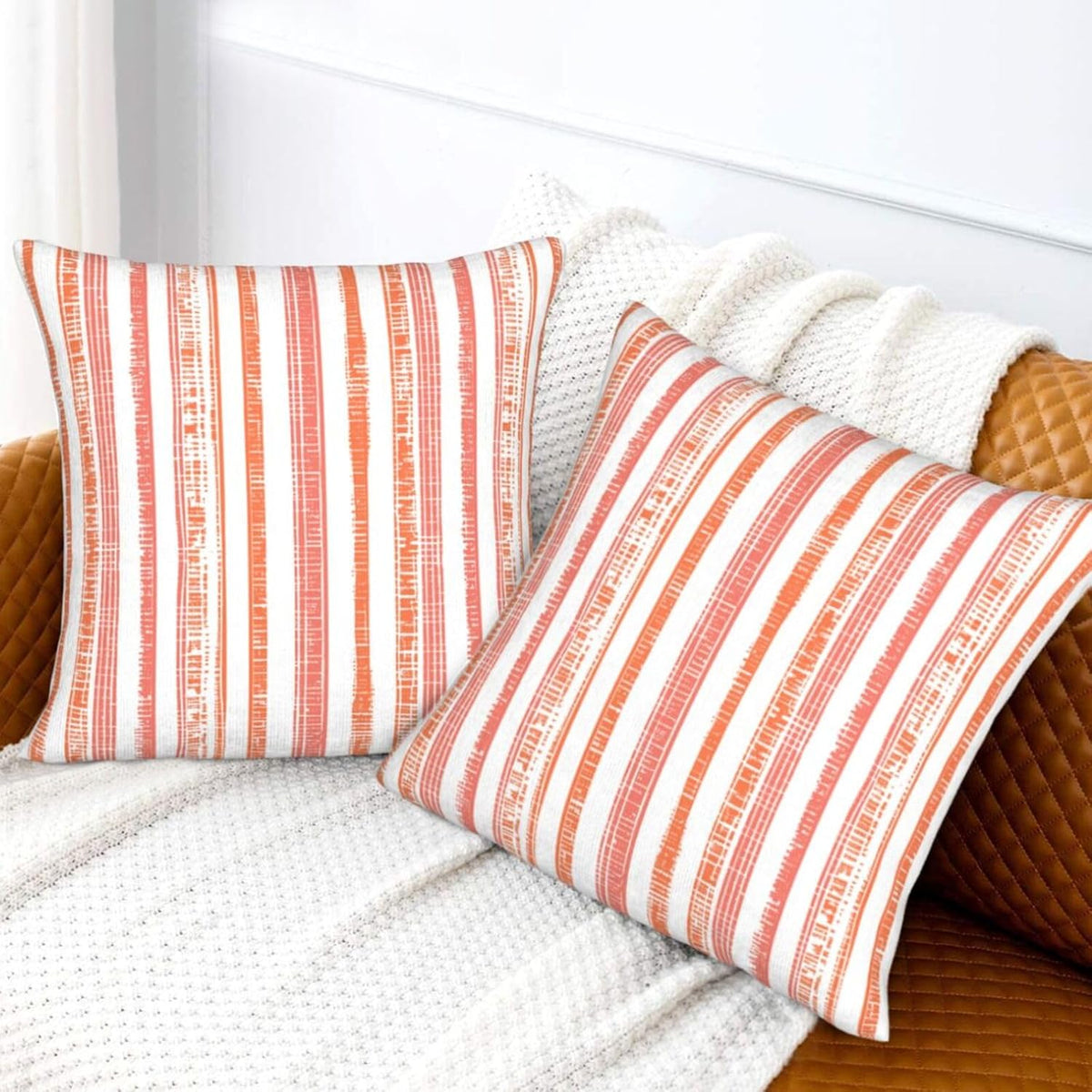 Boho Coral Pink Orange Striped Throw Pillow Covers 18 x 18 Inch Set of 2, Stripe Pattern Farmhouse Decorative Pillow Cases Modern Cushion Cases for Couch Bed Home Decor