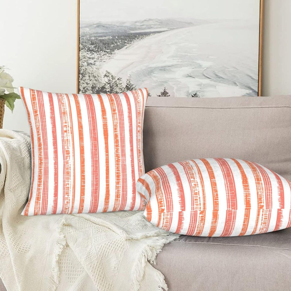 Boho Coral Pink Orange Striped Throw Pillow Covers 18 x 18 Inch Set of 2, Stripe Pattern Farmhouse Decorative Pillow Cases Modern Cushion Cases for Couch Bed Home Decor