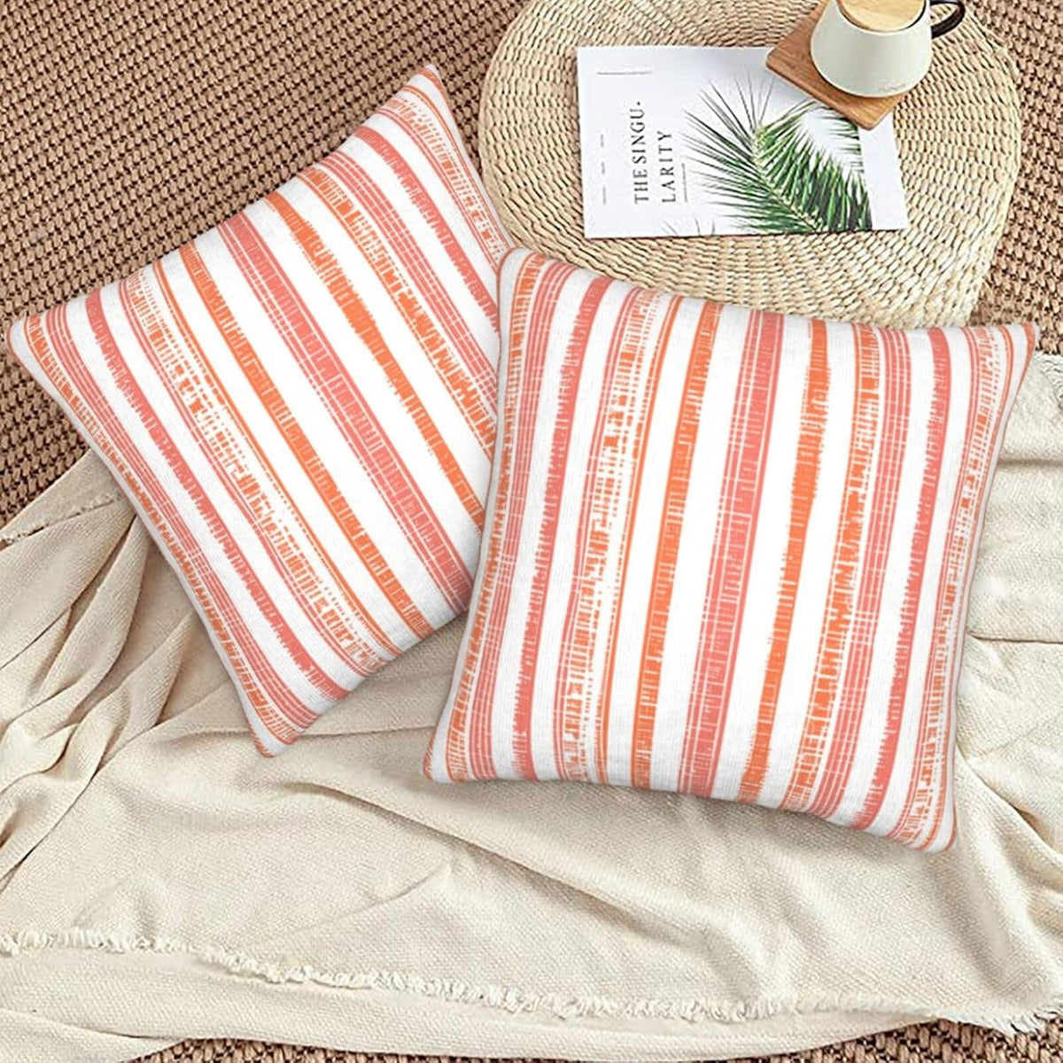 Boho Coral Pink Orange Striped Throw Pillow Covers 18 x 18 Inch Set of 2, Stripe Pattern Farmhouse Decorative Pillow Cases Modern Cushion Cases for Couch Bed Home Decor