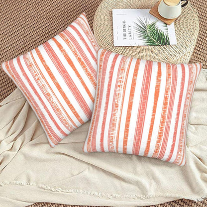 Boho Coral Pink Orange Striped Throw Pillow Covers 18 x 18 Inch Set of 2, Stripe Pattern Farmhouse Decorative Pillow Cases Modern Cushion Cases for Couch Bed Home Decor