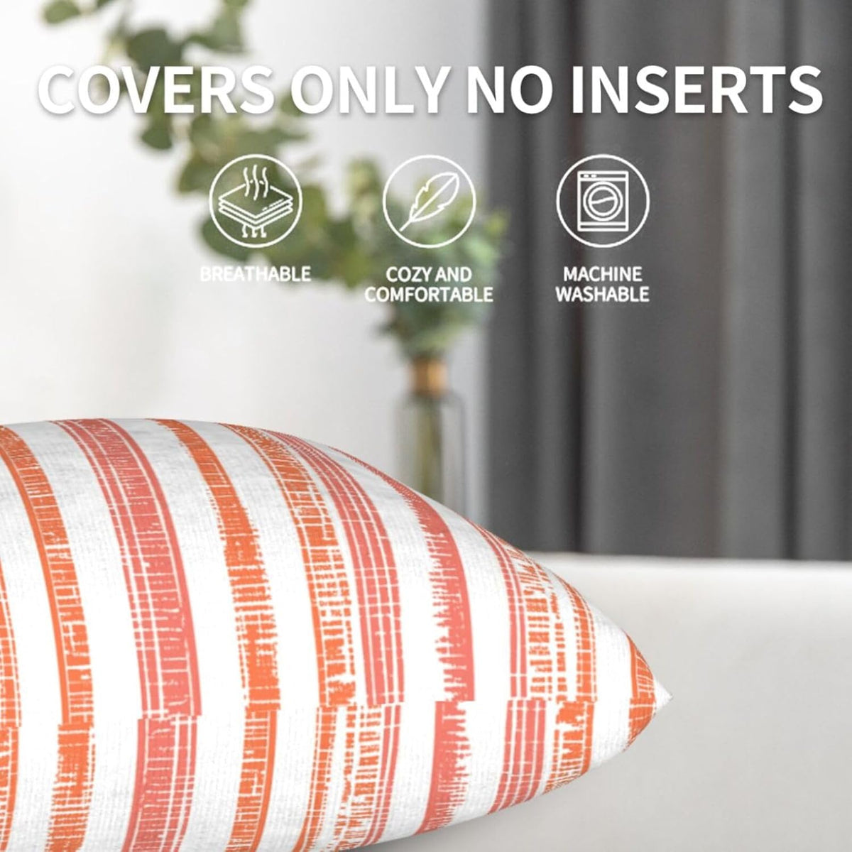 Boho Coral Pink Orange Striped Throw Pillow Covers 18 x 18 Inch Set of 2, Stripe Pattern Farmhouse Decorative Pillow Cases Modern Cushion Cases for Couch Bed Home Decor