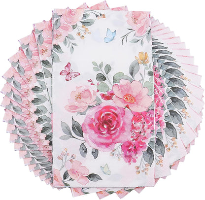 Floral Paper Napkins for Plates-60pcs Disposable Flower Guest Long Napkins for Party/Wedding/Birthday/Bathroom Decorations (Pink)