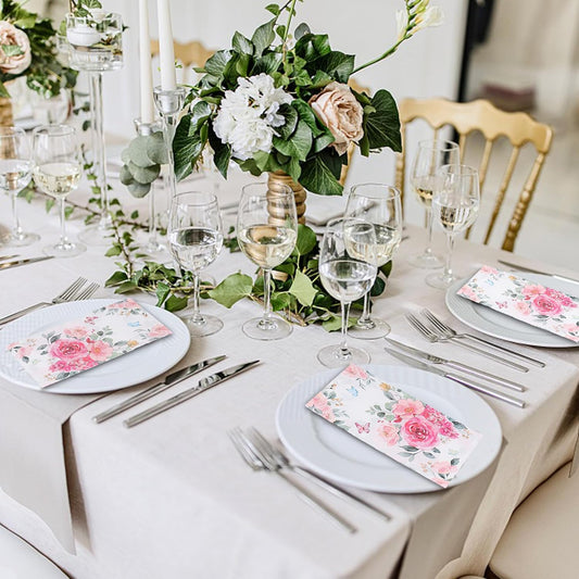 Floral Paper Napkins for Plates-60pcs Disposable Flower Guest Long Napkins for Party/Wedding/Birthday/Bathroom Decorations (Pink)