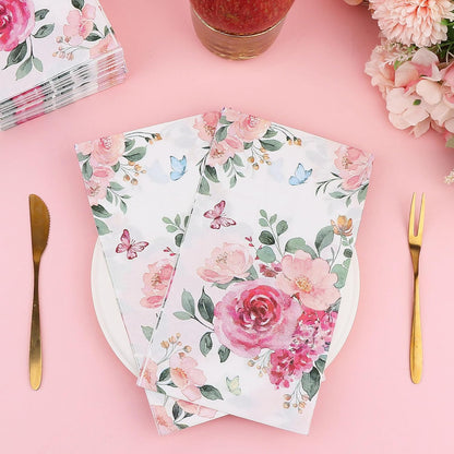 Floral Paper Napkins for Plates-60pcs Disposable Flower Guest Long Napkins for Party/Wedding/Birthday/Bathroom Decorations (Pink)