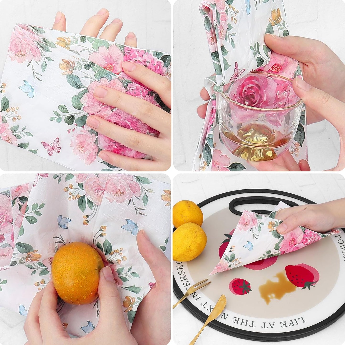 Floral Paper Napkins for Plates-60pcs Disposable Flower Guest Long Napkins for Party/Wedding/Birthday/Bathroom Decorations (Pink)