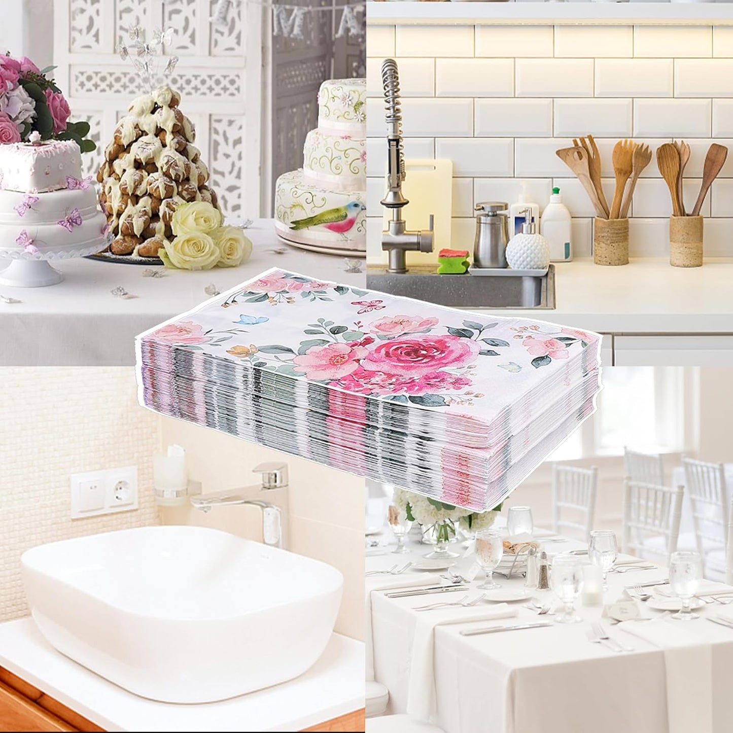 Floral Paper Napkins for Plates-60pcs Disposable Flower Guest Long Napkins for Party/Wedding/Birthday/Bathroom Decorations (Pink)