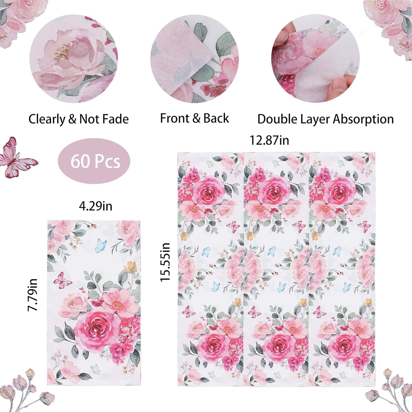 Floral Paper Napkins for Plates-60pcs Disposable Flower Guest Long Napkins for Party/Wedding/Birthday/Bathroom Decorations (Pink)