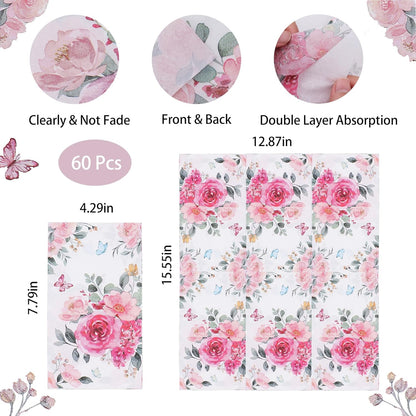 Floral Paper Napkins for Plates-60pcs Disposable Flower Guest Long Napkins for Party/Wedding/Birthday/Bathroom Decorations (Pink)