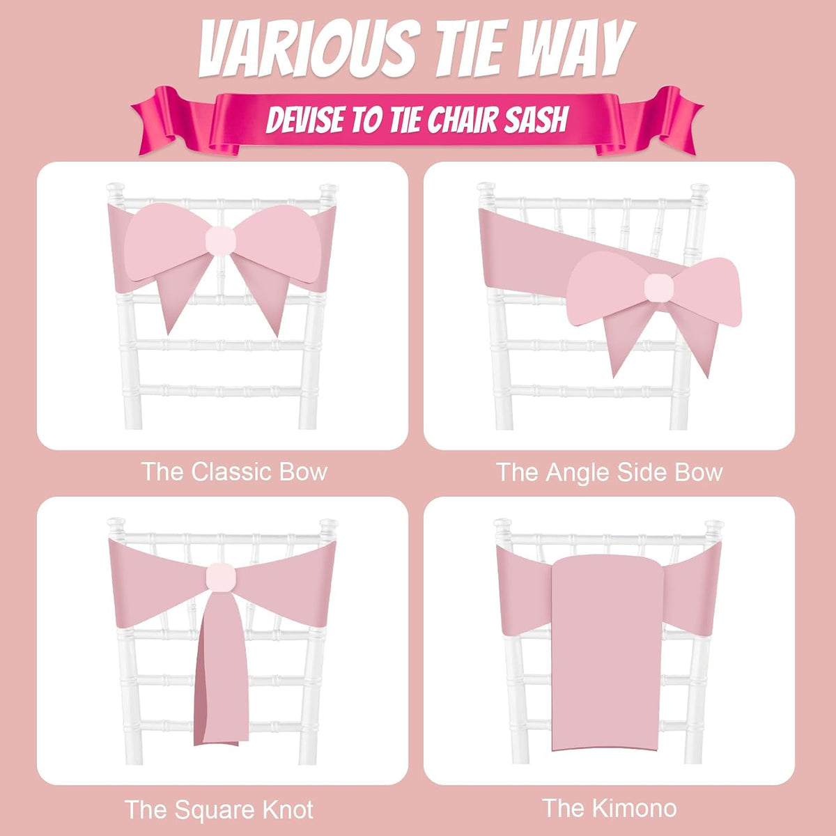 50 PCS Blush Pink Satin Chair Sashes Bows Universal Chair Ribbon Ties Back Sash for Wedding Party Reception Events Banquets Hotel Event Chair Cover Decoration (7x108 inch)