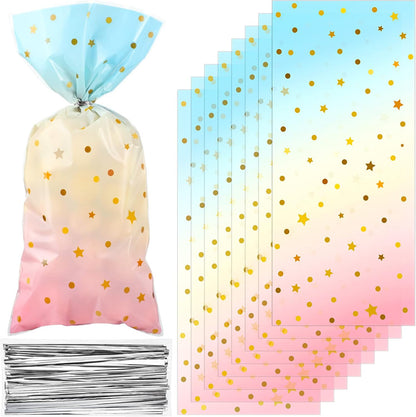 100 Pcs Pastel Cellophane Bags Rainbow Party Favors Bag Star Dot Treat Goodie Candy Plastic Gift Pink Blue Tie Dye Wrapping Clear Cello for Baby Shower Birthday Decoration Supplies