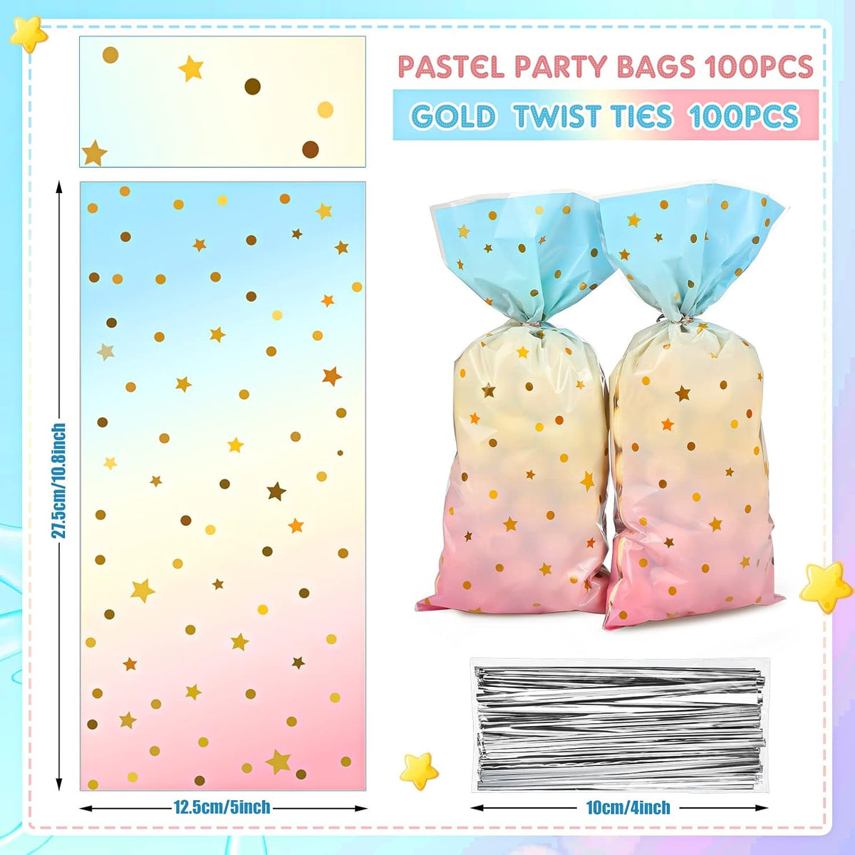 100 Pcs Pastel Cellophane Bags Rainbow Party Favors Bag Star Dot Treat Goodie Candy Plastic Gift Pink Blue Tie Dye Wrapping Clear Cello for Baby Shower Birthday Decoration Supplies