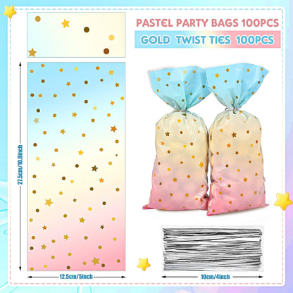 100 Pcs Pastel Cellophane Bags Rainbow Party Favors Bag Star Dot Treat Goodie Candy Plastic Gift Pink Blue Tie Dye Wrapping Clear Cello for Baby Shower Birthday Decoration Supplies
