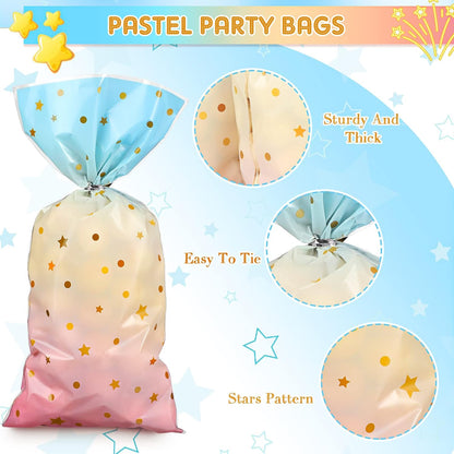 100 Pcs Pastel Cellophane Bags Rainbow Party Favors Bag Star Dot Treat Goodie Candy Plastic Gift Pink Blue Tie Dye Wrapping Clear Cello for Baby Shower Birthday Decoration Supplies