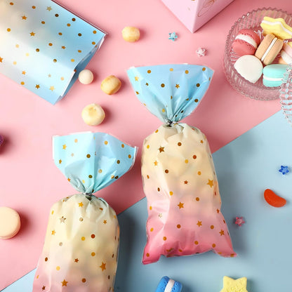 100 Pcs Pastel Cellophane Bags Rainbow Party Favors Bag Star Dot Treat Goodie Candy Plastic Gift Pink Blue Tie Dye Wrapping Clear Cello for Baby Shower Birthday Decoration Supplies