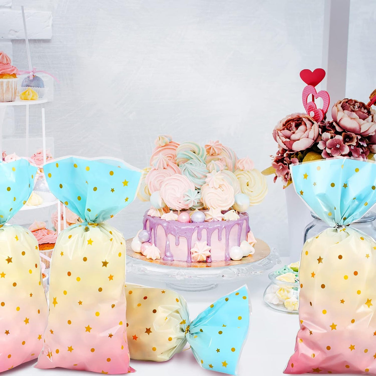100 Pcs Pastel Cellophane Bags Rainbow Party Favors Bag Star Dot Treat Goodie Candy Plastic Gift Pink Blue Tie Dye Wrapping Clear Cello for Baby Shower Birthday Decoration Supplies