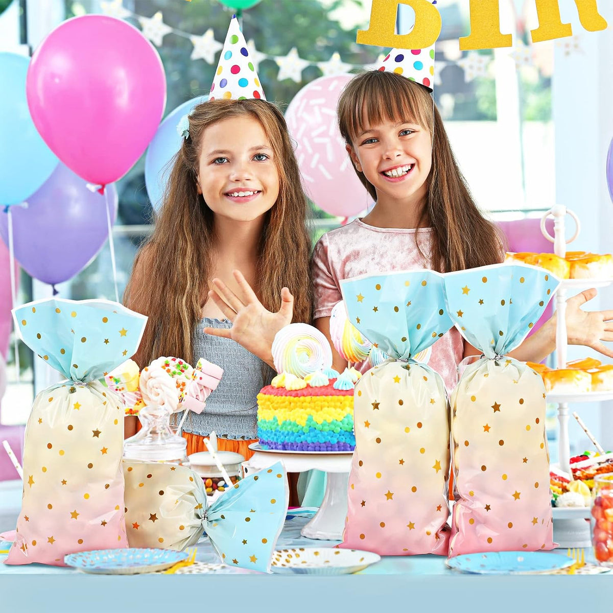 100 Pcs Pastel Cellophane Bags Rainbow Party Favors Bag Star Dot Treat Goodie Candy Plastic Gift Pink Blue Tie Dye Wrapping Clear Cello for Baby Shower Birthday Decoration Supplies