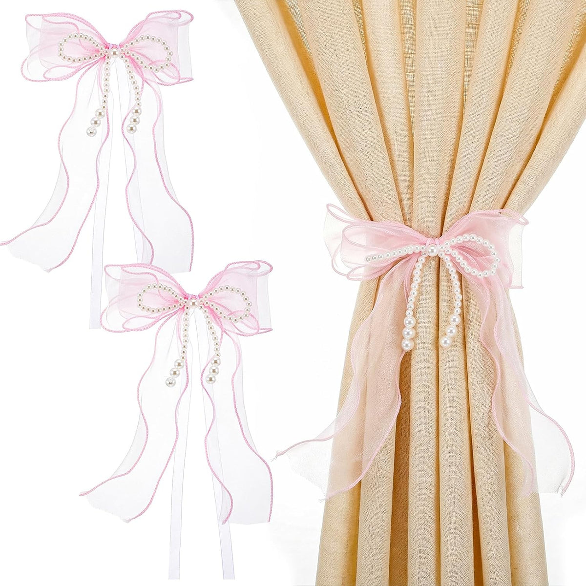 Bowknot Curtain Tiebacks, 2Pcs Pink Lace Bow Butterfly Tieback