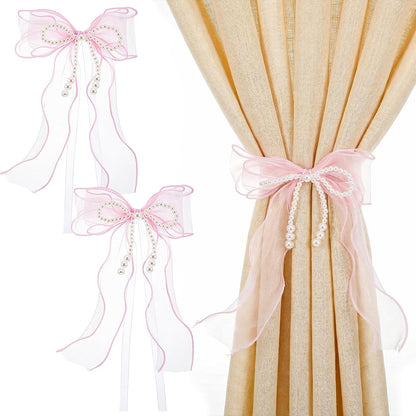 Bowknot Curtain Tiebacks, 2Pcs Pink Lace Bow Butterfly Tieback