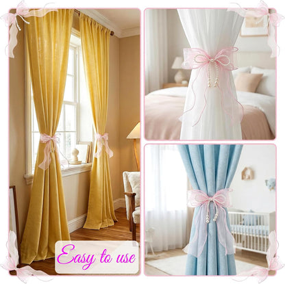 Bowknot Curtain Tiebacks, 2Pcs Pink Lace Bow Butterfly Tieback