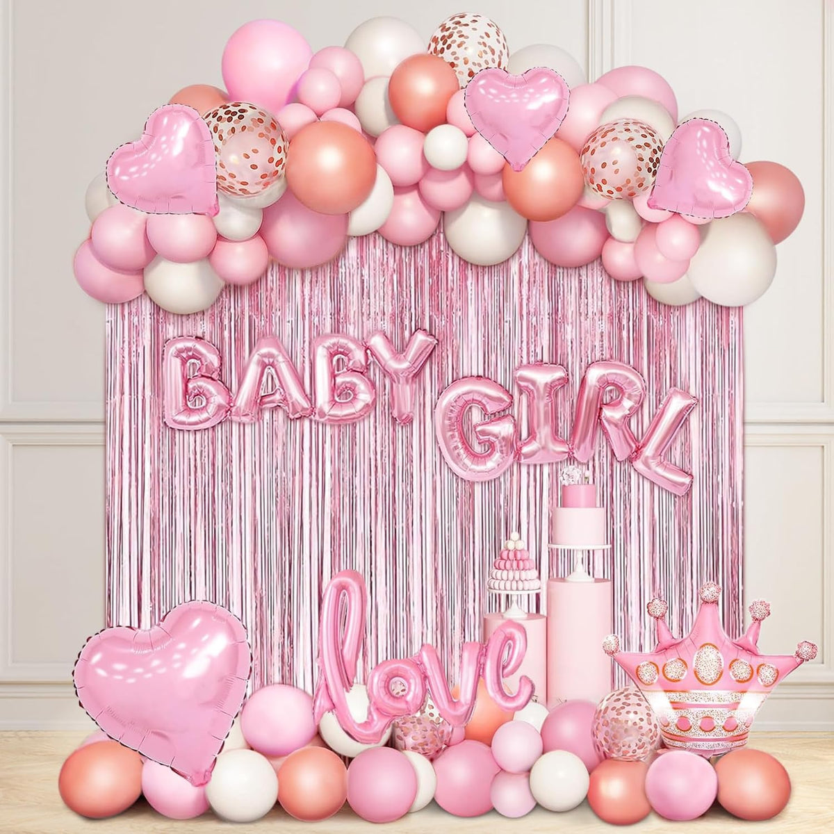 Baby Pink Baby Shower Decorations for Girl, Rose Gold Pink Balloons Garland Kit for Baby Shower Girl Birthday Gender Reveal Party Supplies