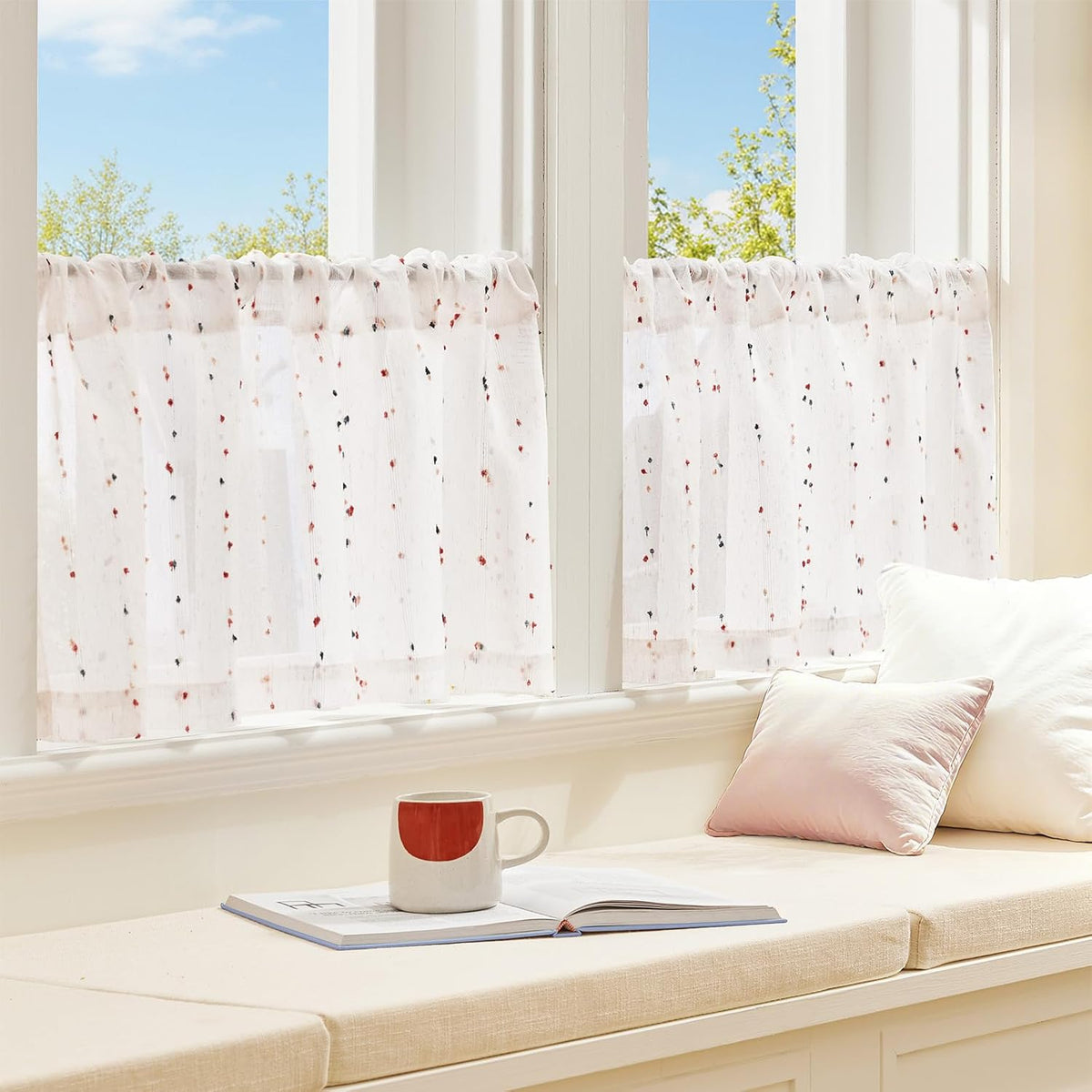 Mini Pom Pom Window Valance Curtain, 50x16, 1 Panel, Blush Meadow