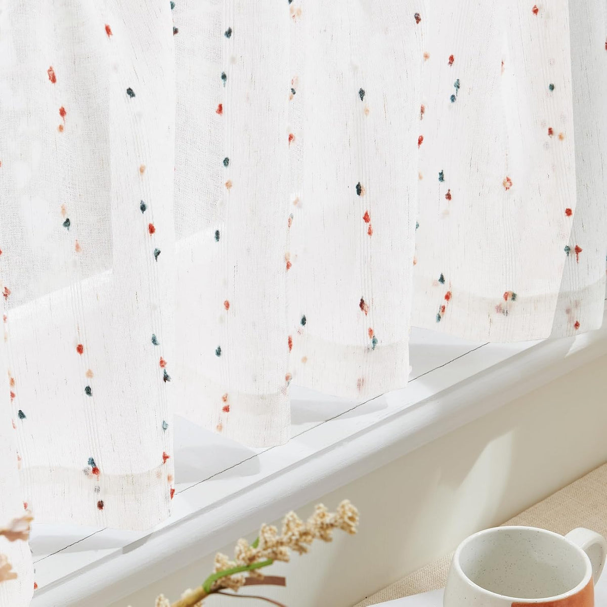 Mini Pom Pom Window Valance Curtain, 50x16, 1 Panel, Blush Meadow