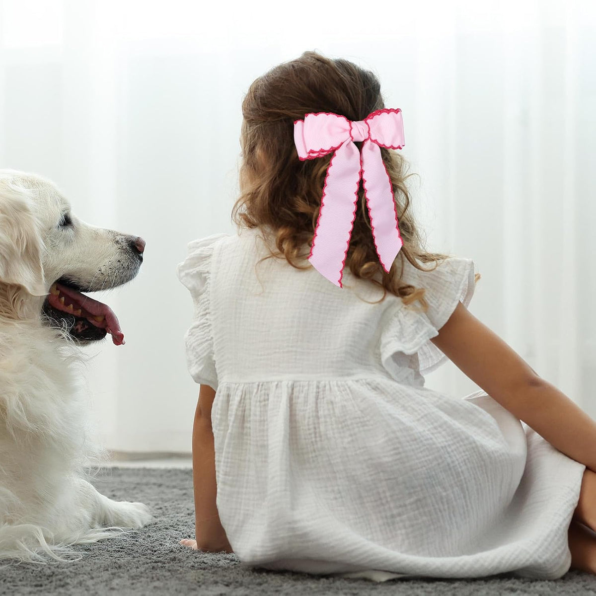 5 Inch Hair Bow Clips Edged Grosgrain Ribbon Hairpins Handmade Hair Accessories with Alligator Clips for Girls Women, Pink with Rose Red