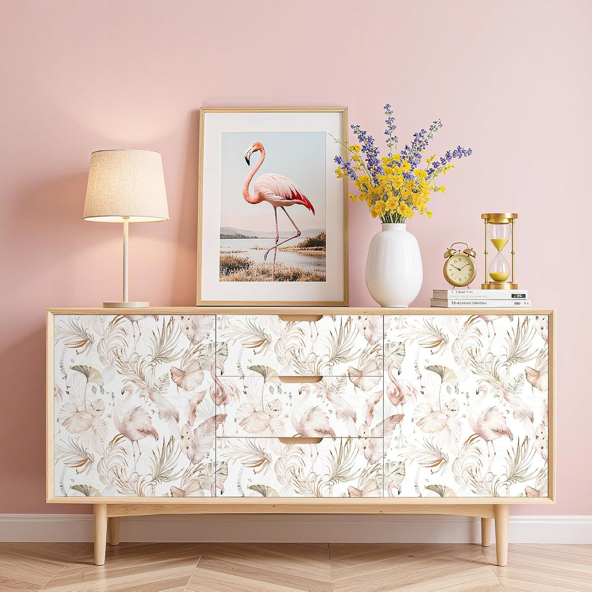 Tropical Beach Wallpaper Peel and Stick Light Pink and Green Wallpaper Flamingo Tropical Banana Palm Leaf Pink Contact Paper Removable Girly Cute Wallpapers Girls Room Nursery 17.5x78.8
