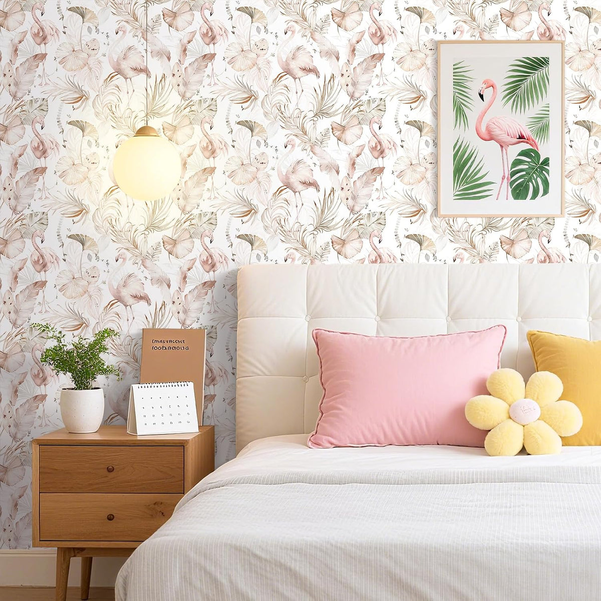 Tropical Beach Wallpaper Peel and Stick Light Pink and Green Wallpaper Flamingo Tropical Banana Palm Leaf Pink Contact Paper Removable Girly Cute Wallpapers Girls Room Nursery 17.5x78.8