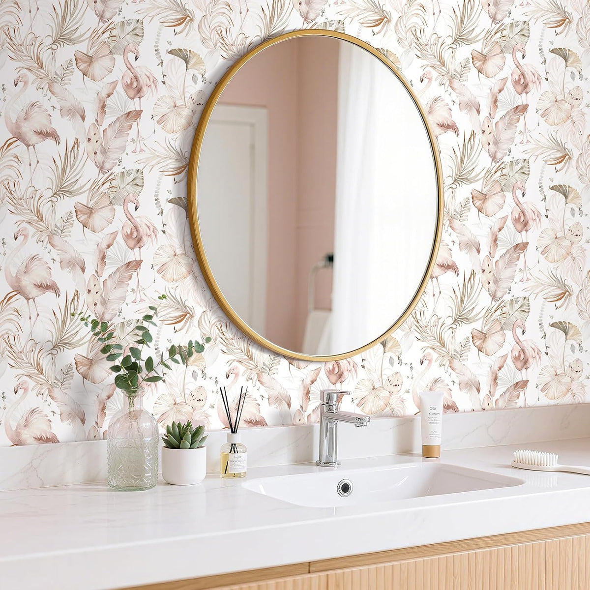 Tropical Beach Wallpaper Peel and Stick Light Pink and Green Wallpaper Flamingo Tropical Banana Palm Leaf Pink Contact Paper Removable Girly Cute Wallpapers Girls Room Nursery 17.5x78.8