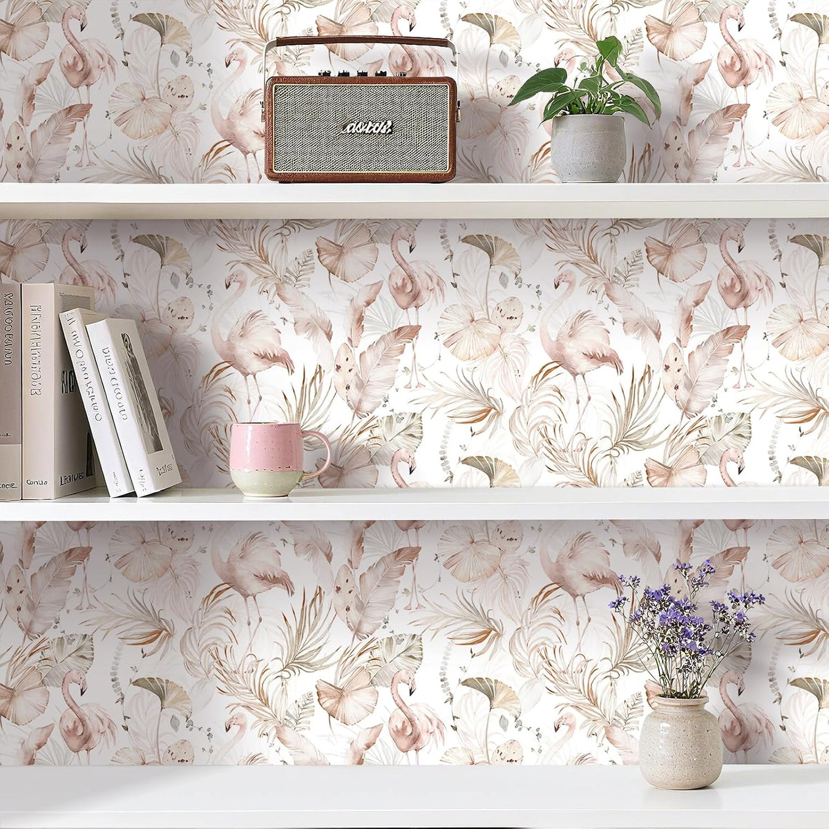 Tropical Beach Wallpaper Peel and Stick Light Pink and Green Wallpaper Flamingo Tropical Banana Palm Leaf Pink Contact Paper Removable Girly Cute Wallpapers Girls Room Nursery 17.5x78.8