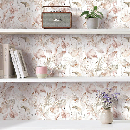Tropical Beach Wallpaper Peel and Stick Light Pink and Green Wallpaper Flamingo Tropical Banana Palm Leaf Pink Contact Paper Removable Girly Cute Wallpapers Girls Room Nursery 17.5x78.8
